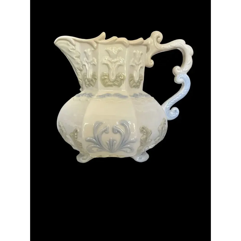 Stunning Capodimonte Italy Beverage Jug Pitcher Decorated Relief Octagon Shape